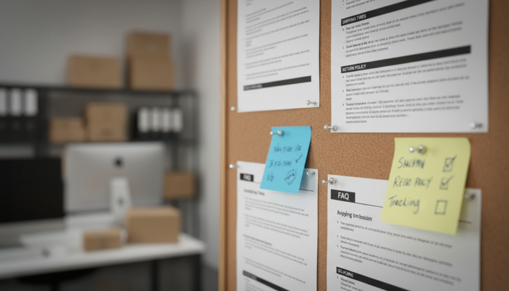 “Corcho con FAQ impresas y notas azulesamarillas; 85 mm, f2, 1200 s, ISO 400; viñeteado muy leve; estética oficina logística real; sin artificio.”